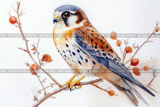 A falcon (or kestrel) gracefully sitting on a thin branch with dried berries. The bird has elegant plumage with shades of brown, red, black and gray, and its sharp gaze expresses attention and vigilance. The background is made in a minimalist style with a predominance of white, which gives the picture airiness and sophistication. The work is done in watercolor technique, which creates soft color transitions and a feeling of lightness. Стоковое AI-изображение, AI-художник Анна Кривицкая / Фотобанк Лори