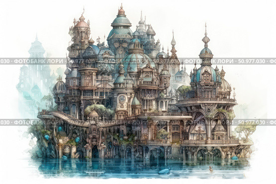 A fantastic architectural illustration depicting a majestic fairy-tale city on the water. The composition is made in the steampunk style with elements of Victorian and Renaissance architecture. Domes, towers, arches and balconies create a complex, multi-layered structure filled with details. The city is reflected in the calm surface of the water, emphasizing the magical atmosphere and a sense of adventure. Suitable for the design of fantasy books, games, tabletop role-playing systems, as well as posters and decorative products. Стоковое AI-изображение, AI-художник Анна Кривицкая / Фотобанк Лори