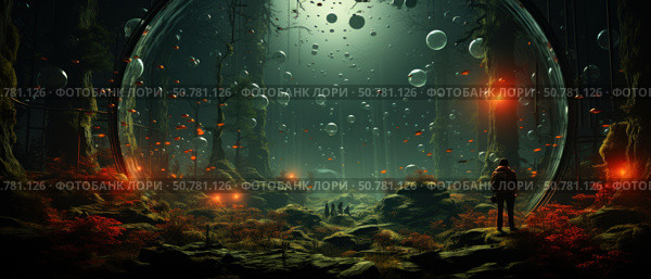A fantastic digital illustration depicting a mysterious forest filled with glowing bubbles, orange fireflies and transparent domes. In the center of the composition is a figure of a man with a backpack, standing in front of a giant spherical portal leading to another reality or underwater world. The atmosphere is mysterious and immersive, with deep green-blue hues, bright accents of red light and soft rays penetrating the forest. The illustration is perfect for themes of science fiction, alternate worlds, travel, video games and concept art. Стоковое AI-изображение, AI-художник Анна Кривицкая / Фотобанк Лори