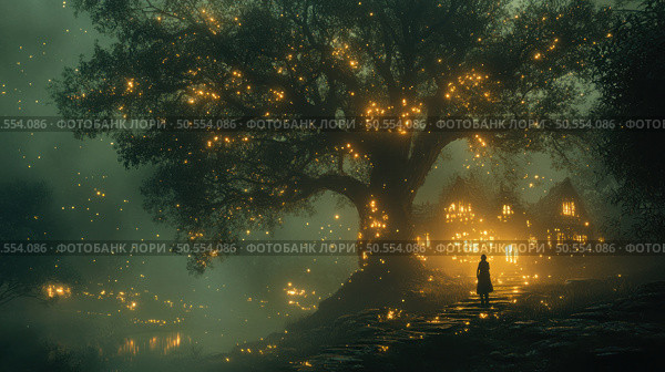 A fantastic night scene with a huge tree dotted with many fireflies or magical lights, standing near a mysterious house with brightly lit windows. A lonely human figure walks along a stone path leading to the house, surrounded by thick fog and forest shadow. The atmosphere of the image is filled with mystery, magic and a sense of an upcoming adventure. Perfect for fantasy, magic, fairy tales, night nature and mystical themes. Стоковое AI-изображение, AI-художник Анна Кривицкая / Фотобанк Лори