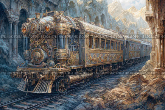 A fantastic retro steam locomotive, decorated with carved patterns and golden elements, stands on the railway tracks among majestic mountains and ancient architectural ruins. The scene resembles an illustration for a fairy tale or steampunk adventure: the majestic train, made in the Victorian Baroque style, contrasts with the harsh stone landscape. The detailing of the design is amazing - each line of the carriage and locomotive seems to be created by hand. The atmosphere of romance of a long journey, mystery and grandeur. Стоковое AI-изображение, AI-художник Анна Кривицкая / Фотобанк Лори