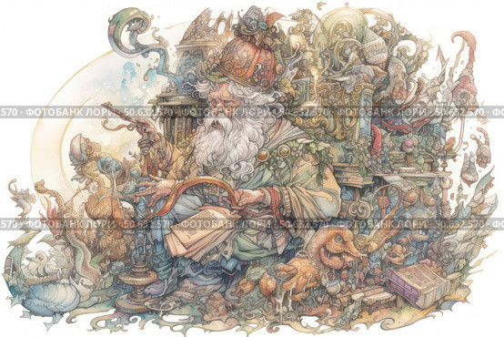 A fantastic watercolor illustration depicting an old wizard with a long white beard, sitting among a pile of ancient books, magical creatures and alchemical objects. He holds an open book and a magic wand, immersed in the process of casting a spell or reading wise texts. Around him is a fantastic chaos: dragons, birds, wonderful animals, strange artifacts and plants, intertwined into a single living composition. The image is made with many details, shades and patterns, creating the effect of fabulous depth and richness of the magical world. Стоковое AI-изображение, AI-художник Анна Кривицкая / Фотобанк Лори