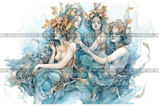 A fantastic watercolour illustration depicting a group of ephemeral female figures - forest or water nymphs. The figures are intertwined in a smooth dance, surrounded by curls of hair, flowers and leaves. The colour palette is maintained in delicate bluish-green and beige tones. The work is done in the Art Nouveau style with elements of symbolism. Ideal for the design of books, postcards, textiles, interiors, as well as decorative art with feminine and mythological themes. Стоковое AI-изображение, AI-художник Анна Кривицкая / Фотобанк Лори