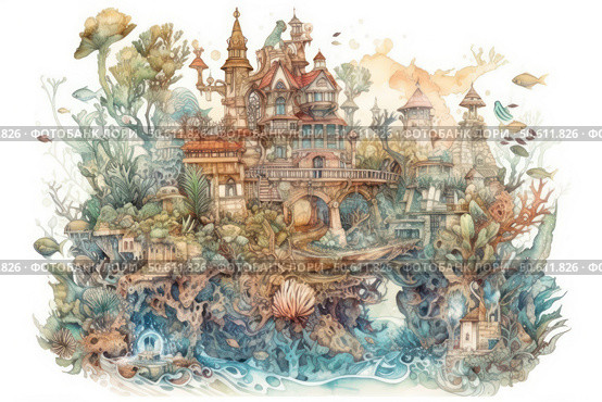 A fantasy illustration in watercolor technique depicting a fabulous underwater city, where architecture is combined with elements of corals, marine flora and fantastic buildings. The buildings resemble magical castles and towers, organically integrated into the seascape. The picture is filled with details - shells, fish, seaweed, corals and magical springs create a sense of magic and mystery. The work is ideal for children's books, fairy tales, packaging design, wallpaper and creative projects related to fantasy worlds and natural magic. Стоковое AI-изображение, AI-художник Анна Кривицкая / Фотобанк Лори