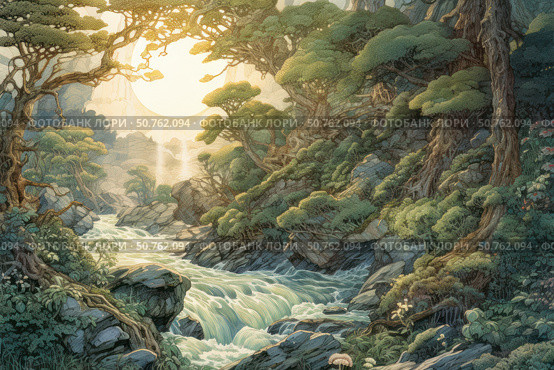 A fantasy landscape in an artistic style with a distinct fairy-tale atmosphere. In the center of the composition is a turbulent river, rapidly flowing between rocky slopes covered with dense vegetation. Majestic trees with intricately curved trunks and dense crowns form a green vault, letting in the soft light of a huge golden sun or moon in the background. The illustration is permeated with an atmosphere of magic and solitude, reminiscent of an ancient mythical forest. Suitable for book design, covers, fantasy projects and decorative products. Стоковое AI-изображение, AI-художник Анна Кривицкая / Фотобанк Лори
