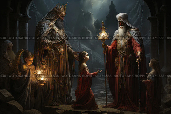 A fantasy-style scene where a king and a magician in luxurious clothes perform an initiation ceremony for a young girl. The king in a golden crown and rich robe extends his hand to the girl who is kneeling. A magician holding a wand of magical fire supports the ceremony. Around them are other characters in medieval costumes, illuminated by the warm light of torches. The background is a gloomy landscape with mountains and ruins, which adds epicness and mystery to the scene. Стоковое AI-изображение, AI-художник Анна Кривицкая / Фотобанк Лори