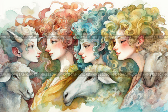 A fantasy-style watercolour illustration of four women with vibrant, curly hair in shades of pink, blue, red and gold. Each is closely associated with a sheep: one has horns, another holds a sheep close, and the third seems to merge with the animal, creating an image of harmony between man and nature. The women are depicted in profile, their facial features are graceful and idealized, as in mythological or archaic images. The atmosphere of the painting is soft, gentle, pastel, conveying a sense of myth, dream and unity with nature. The work is done in watercolour technique with airy brushstrokes and smooth color transitions. watercolor. Стоковое AI-изображение, AI-художник Анна Кривицкая / Фотобанк Лори