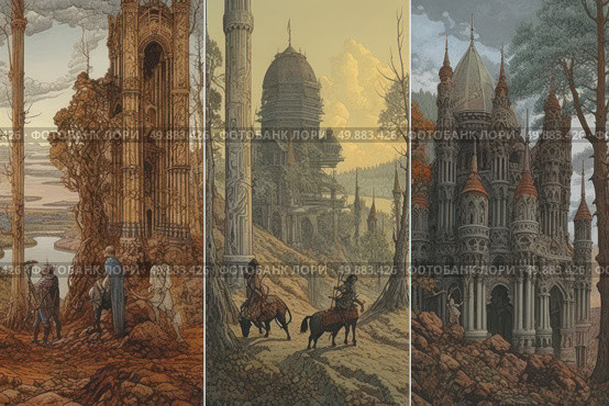 A fantasy triptych illustration in the style of medieval gothic and fairy-tale realism. Each of the three vertical fragments depicts majestic fantasy castles surrounded by trees, rocks and the mysterious atmosphere of the ancient world. The scenes feature characters in armor and cloaks - travelers, knights, explorers - walking towards the towers or watching them. The architecture is striking in its detail: high spires, carved columns, towers with domes and pointed roofs. The color scheme varies from warm ochre and amber shades to cold gray-blue and muted green. Ideal for book design, games, posters and visual storytelling. Стоковое AI-изображение, AI-художник Анна Кривицкая / Фотобанк Лори