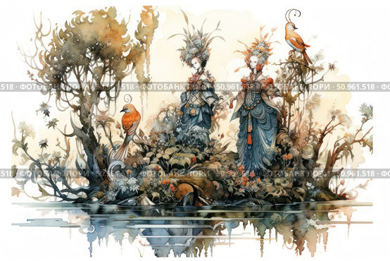 A fantasy watercolor illustration of two elegant ladies in exquisite outfits standing in a fairytale nature. Their dresses are decorated with complex ornaments, and their headdresses are complemented by exotic feathers and flowers. Around them are fantastic trees, bizarre plants and bright birds with decorative tails. The composition is filled with harmony, subtle detailing and an atmosphere of magic. Ideal for fantasy, art, fairy tales and fine decorative graphics. Стоковое AI-изображение, AI-художник Анна Кривицкая / Фотобанк Лори