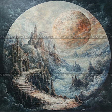 A fantasy world with majestic gothic buildings reaching into the clouds. A path leads along a ruined stone path to a huge majestic portal surrounded by mystical spires. A giant planet or moon with a cracked surface hangs in the sky, surrounded by billowing clouds. In the distance, you can see mountain peaks, as if floating in the air. The painting is done in dark, cold tones, creating an atmosphere of mysticism and majestic loneliness. This image is reminiscent of scenes from fantasy worlds like the worlds of Tolkien or dark fantasy. Стоковое AI-изображение, AI-художник Анна Кривицкая / Фотобанк Лори