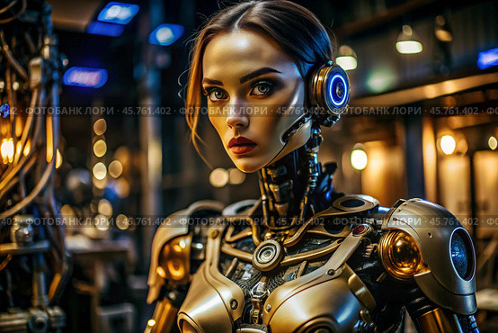 A female cyborg robot. Integration of technology and human interaction. Robotization of production. Artificial intelligence, the Internet and digital technologies of the future. Стоковое AI-изображение, AI-художник Photojuli / Фотобанк Лори