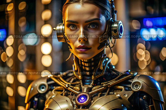 A female cyborg robot. Integration of technology and human interaction. Robotization of production. Artificial intelligence, the Internet and digital technologies of the future. Стоковое AI-изображение, AI-художник Photojuli / Фотобанк Лори
