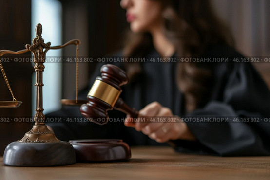 A female judge holding a gavel while presiding over a trial in a historic courtroom setting. Стоковое AI-изображение, AI-художник Sergey Grishin / Фотобанк Лори