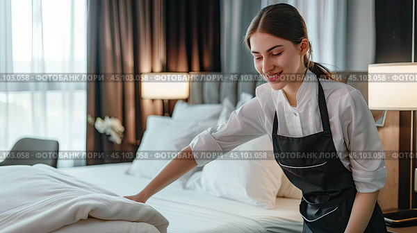 A female maid makes the bed in a hotel room during the day. Toilet concept, shared services, bed, hotel. Стоковое AI-изображение, AI-художник Ярославский Максим / Фотобанк Лори