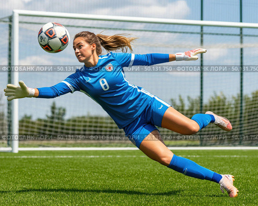 A female soccer player in a blue uniform is diving to catch a soccer ball. Стоковое AI-изображение, AI-художник Ярославский Максим / Фотобанк Лори