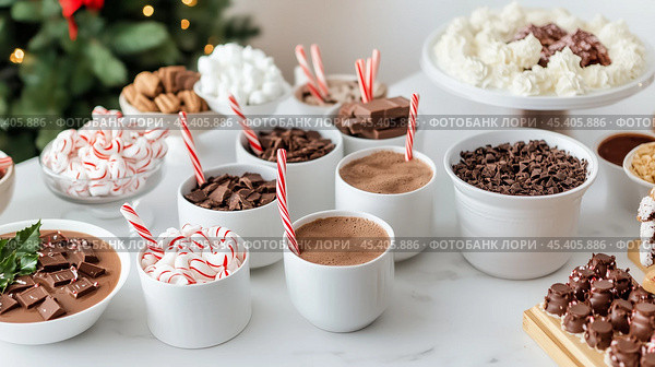 A festive hot chocolate bar with all the fixings, including chocolate shavings, peppermint swirls, and candy canes. Стоковое AI-изображение, AI-художник Сергей Толмачёв / Фотобанк Лори