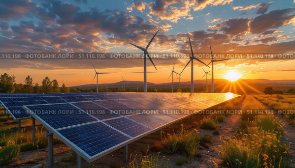 A field of solar panels with a sunset in the background. Стоковое AI-изображение, AI-художник Ярославский Максим / Фотобанк Лори