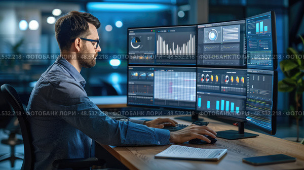 A financial analyst is focused on interpreting extensive data depicted across multiple computer monitors in a modern office setting after hours. Стоковое AI-изображение, AI-художник Данила Большаков / Фотобанк Лори