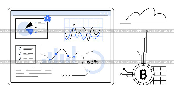 A financial dashboard contains various data analytics. Charts, graphs, percentages with a blockchain symbol connected to the cloud. Ideal for financial data, trading, technology, blockchain, business. Cryptocurrency Financial Dashboard with Data Analytics and Cloud Technology. Стоковая иллюстрация, агентство Ingram Publishing / Фотобанк Лори
