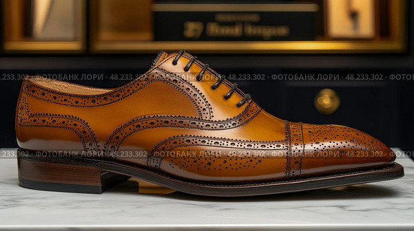 A finely crafted tan brogue shoe is showcased on a polished marble surface, illustrating elegant design elements and superior craftsmanship. Стоковое AI-изображение, AI-художник Данила Большаков / Фотобанк Лори