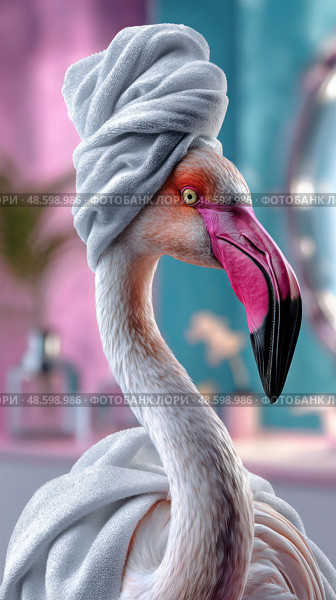 A flamingo is standing in front of a mirror with a towel wrapped around its head. Стоковое AI-изображение, AI-художник Ярославский Максим / Фотобанк Лори