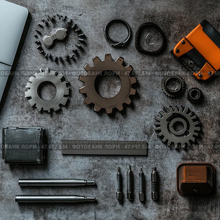 A flat lay of metal parts and precision tools arranged neatly on a textured gray surface. The composition includes gears, a ruler, cutters, bits, bushings, wrenches, and other mechanical components. Shot in an industrial style with attention to detail, shape, and texture, the photo is ideal for illustrating themes of engineering, mechanics, industrial design, and technical maintenance. Стоковое AI-изображение, AI-художник Анна Кривицкая / Фотобанк Лори