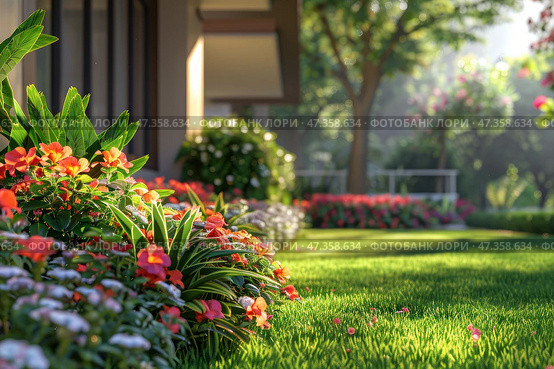 A flower bed, a neatly trimmed lawn in the garden in the sunlight. Стоковое AI-изображение, AI-художник Виктория Тельминова / Фотобанк Лори