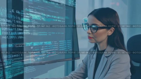 A focused individual works on programming tasks in a sleek office environment featuring multiple digital screens. Стоковое AI-видео, аниматор Данила Большаков / Фотобанк Лори