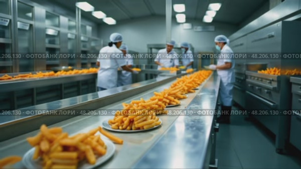 A food processing plant, with stainless steel conveyor belts carrying packaged goods, workers in hairnets monitoring the line under bright light. Стоковое AI-видео, аниматор Sergey Grishin / Фотобанк Лори
