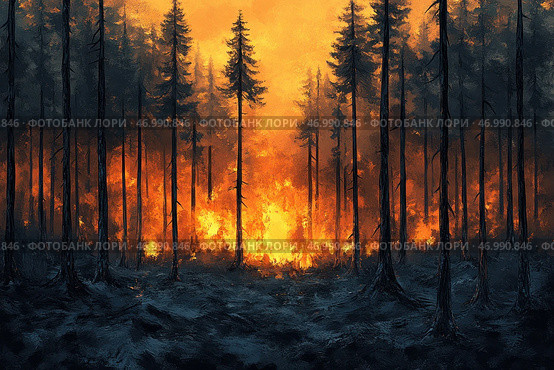 A forest fire raging in a dense coniferous forest. Tall, slender trees with dark, charred trunks frame the blazing fire, which brightly illuminates the scene. The flames quickly engulf the forest, rising upward and leaving a trail of smoldering embers in their wake. The horizon is bathed in orange-red light, creating a dramatic and unsettling atmosphere. The painting is made in the style of digital painting, where the contrast of dark trees and bright fire emphasizes the destructive power of the elements. The overall tone of the scene is apocalyptic, conveying a sense of anxiety and the inevitable destruction of nature. Стоковое AI-изображение, AI-художник Анна Кривицкая / Фотобанк Лори