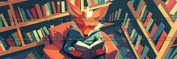 A fox character sits comfortably in an armchair, engrossed in a book, surrounded by vibrant shelves of books. Стоковое AI-изображение, AI-художник Данила Большаков / Фотобанк Лори