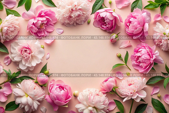 A frame with beautiful peony flowers on a pastel pink background. Flat layout, top view, place to copy, summer flowers. Стоковое AI-изображение, AI-художник Photojuli / Фотобанк Лори