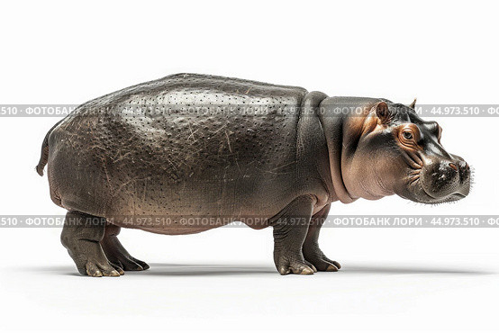 A full-body profile view of a pygmy hippopotamus, standing isolated on a white background. Стоковое AI-изображение, AI-художник Veniamin Kraskov / Фотобанк Лори