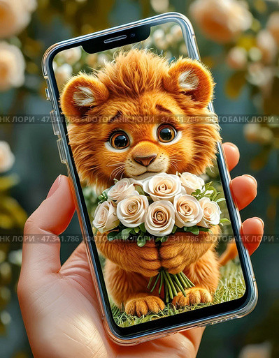 A funny shaggy lion cub gives a bouquet of bright roses, holding them out from the screen of a smartphone on a birthday. Стоковое AI-изображение, AI-художник Сергей Елизарьев / Фотобанк Лори
