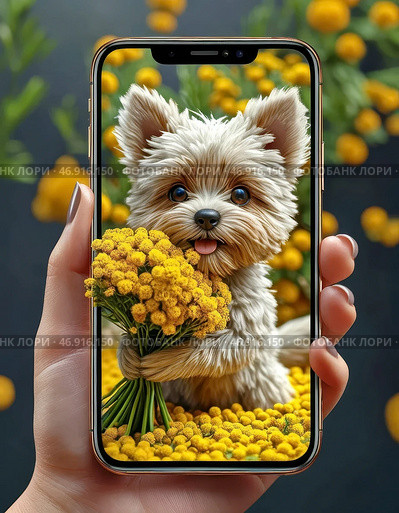 A funny shaggy puppy gives a bouquet of yellow mimosas, holding them out from the screen of a smartphone. Mimosa Day is an annual holiday celebrated on March 14 in different countries around the world. Стоковое фото, фотограф Сергей Елизарьев / Фотобанк Лори