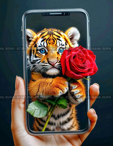 A funny striped tiger cub gives a bouquet of bright roses, holding them out from a smartphone screen on a birthday. Стоковое AI-изображение, AI-художник Сергей Елизарьев / Фотобанк Лори