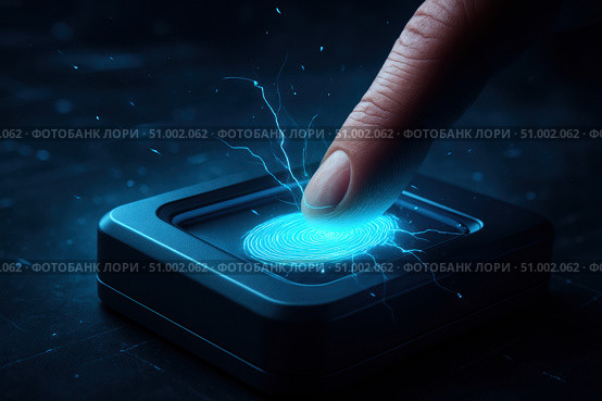 A Futuristic Concept of Fingerprint Recognition Technology Featuring a Finger Activating a High-Tech Device with Electric Sparks. Стоковое AI-изображение, AI-художник Башкирова Анна / Фотобанк Лори