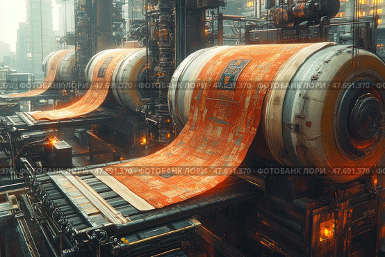 A futuristic image of a high-tech factory where huge industrial machines print or weave traditional oriental rugs. The combination of ancient decorative art and modern sci-fi surroundings creates an atmosphere of technological magic and innovative design. Bright carpets with oriental ornaments smoothly descend from giant shafts illuminated by warm industrial light. Ideal for themes of futurism, cyberpunk, textile production and creative technologies. Стоковое AI-изображение, AI-художник Анна Кривицкая / Фотобанк Лори