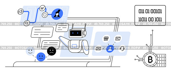 A futuristic robot surrounded by speech bubbles, emoticons, crypto circuit, and icons on a laptop screen. Ideal for technology, AI, communication, cryptocurrency, and digital networking themes. AI Chatbot Communication and Cryptocurrency Concept with Network Connections and Digital Elements. Стоковая иллюстрация, агентство Ingram Publishing / Фотобанк Лори