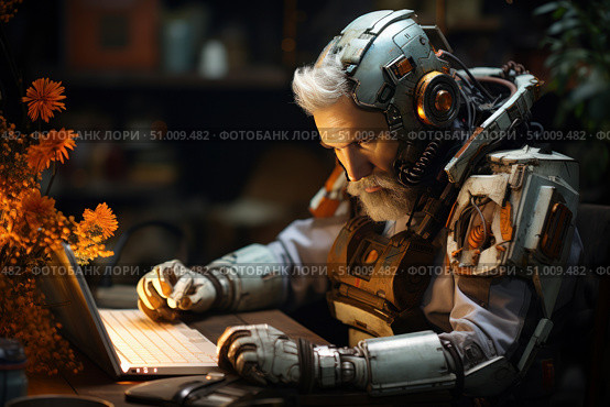 A futuristic scene with an elderly man in a high-tech exoskeleton, working intently on a laptop. His grey hair and beard highlight his experience and age, while his cybernetic armour and helmet with built-in devices create a contrast between humanity and technology. The atmosphere is complemented by warm lighting and unexpected elements - bright orange flowers in the background. Ideal for themes of futurism, cyberpunk, technology, science, age wisdom and human-machine interaction. Стоковое AI-изображение, AI-художник Анна Кривицкая / Фотобанк Лори