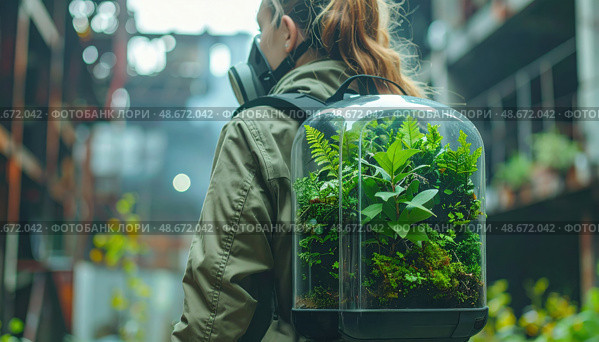 A futuristic survivalist wears a backpack greenhouse in a post-apocalyptic setting symbolizing sustainability and portable ecosystems. Стоковое AI-изображение, AI-художник Ольга Сухарева / Фотобанк Лори