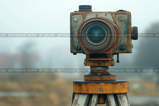 A geodesic theodolite in use, with a blurred background. Используемый геодезический теодолит на размытом фоне. Стоковое AI-изображение, AI-художник Katsiaryna Repich / Фотобанк Лори