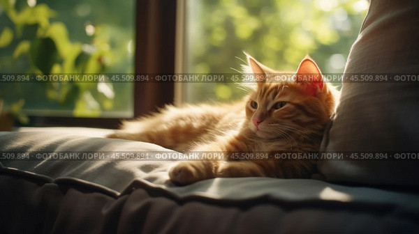 A ginger cat, comfortably located on a sofa by the window. Warm sunlight illuminates his fur, emphasizing the softness and fluffiness. In the background, a slightly blurred green landscape is visible, which creates an atmosphere of coziness and calm. The cat looks relaxed and contented, enjoying the moment. The photo conveys a feeling of warmth, home comfort and peace. Стоковое AI-изображение, AI-художник Анна Кривицкая / Фотобанк Лори