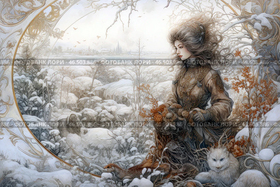 A girl in a winter fantasy landscape reminiscent of fairy tale illustrations. She is dressed in a richly decorated dress with patterns, fur trim and metallic elements, which gives her image a touch of aristocracy. Her long, curly hair flutters in the wind, emphasizing the feeling of magic and grace.The surrounding scene is filled with details: snow-covered trees, bushes with dry orange plants, a small town in the distance and animals - a fluffy white cat and a graceful weasel. The image is framed in a decorative frame with gold patterns, adding an art nouveau effect. The soft color scheme with a predominance of cold shades of snow and silver highlights creates a feeling of peace and mystery. Стоковое AI-изображение, AI-художник Анна Кривицкая / Фотобанк Лори