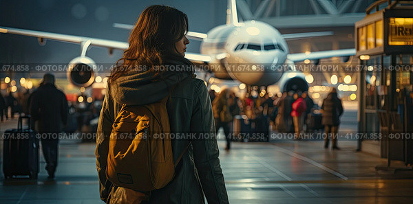 A girl in winter clothes is waiting for a flight at the airport. Generated by AI. Стоковое AI-изображение, AI-художник Ярославский Максим / Фотобанк Лори