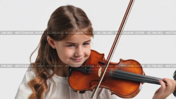 A girl joyfully plays a beautiful violin against a plain white background, highlighting her talent. Стоковое AI-видео, аниматор Юрий Поздников / Фотобанк Лори