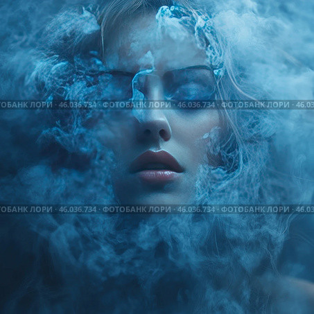 A girl partially hidden by thick blue smoke. Her face expresses calm and mystery, emphasized by the soft light. Her eyes are closed, and her makeup is done in blue tones, in harmony with the general atmosphere. Glossy lips add sensuality to the portrait. The smoke creates a textured background, adding a mystical and ephemeral atmosphere to the image, as if she is in a fantasy or dream world. Стоковое AI-изображение, AI-художник Анна Кривицкая / Фотобанк Лори