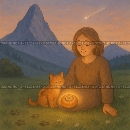 A girl sitting on a green lawn at the foot of a mountain at dusk. Next to her is a ginger cat with a contented expression on its face. On the girl's lap lies a glowing round loaf of bread, inside of which a magical symbol is visible. A shooting star shines in the sky above the mountain, creating a sense of wonder and fairytale. The atmosphere of the image is calm and friendly, filled with a sense of harmony between man, animal and nature. The work is done in warm colors, with soft details, which gives it coziness and dreaminess. Стоковое AI-изображение, AI-художник Анна Кривицкая / Фотобанк Лори