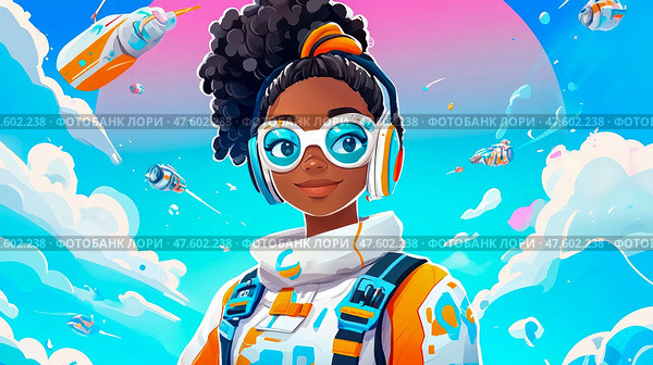 A girl soars through a vibrant sky, futuristic crafts zipping past, her confident smile reflecting boundless optimism. Стоковое AI-изображение, AI-художник Данила Большаков / Фотобанк Лори