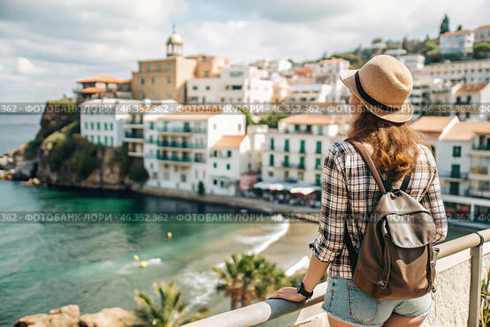 A girl traveler with a backpack on the background of the southern coast of the sea. A woman travels, enjoys life and the environment. Tourism. Стоковое AI-изображение, AI-художник Photojuli / Фотобанк Лори